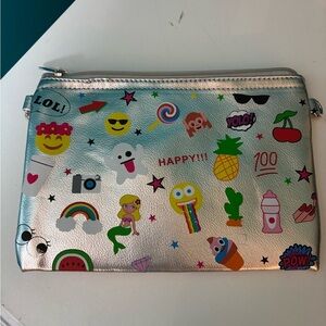Bari Lynn Colorful Emoji Print Silver Clutch Wristlet